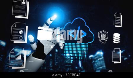 Futuristic Robot Hand Interacting with Cloud Computing Elements and Digital Data Visualization in a High-Tech Environment Fluxor. Stock Photo