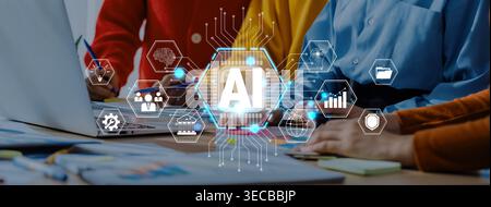 Group of Business Professionals Collaborating with AI Technology on a Laptop in a Modern Office Environment Quark. Stock Photo