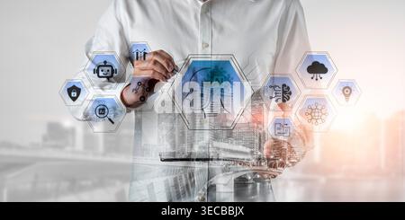 Artificial intelligence use case concept linking analytics, security, cloud services and operations for modern organizations. Corpus Stock Photo