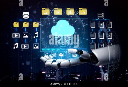 Futuristic Robotic Hand Displaying Cloud Technology with Various Data Files and Digital Icons in a Dark Cityscape Background Fluxor. Stock Photo