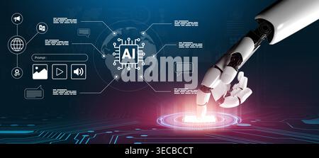 A robotic hand interacts with a futuristic AI interface, showcasing digital connections and the essence of automation. Explore the future of technolog Stock Photo