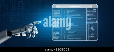 Futuristic Robotic Hand with Touchscreen Display Showing Lines of Code and Digital Data Analysis in Blue Background for Technology Concepts Quark. Stock Photo