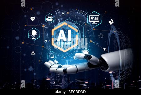 Futuristic AI Assistant Concept with Robotic Hand Reaching Towards Digital Icons Representing Technology and Communication Innovations Quark. Stock Photo