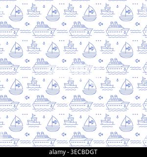 Seamless pattern with ships, sailboats, fish and anchors in blue line style on white background. Outline nautical print.  Stock Vector