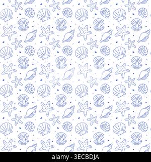 Seamless pattern with seashells, pearl oysters and starfish in blue line style on white background. Outline coastal print.  Stock Vector