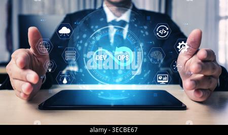 Professional Businessman Showcasing DevOps Technology with Futuristic Interface and Digital Icons for Agile Software Development Solutions Quark. Stock Photo
