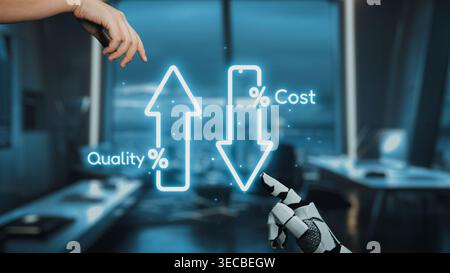 This visually striking image presents a futuristic concept showcasing the balance between quality and cost in business, featuring a robotic hand in a Stock Photo