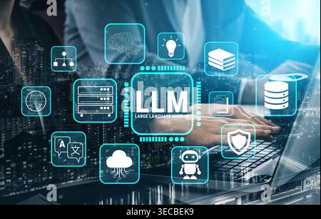 Modern Businessman Interacting with Large Language Models and Digital Icons Demonstrating Technology and Innovation in Urban Environment Fluxor. Stock Photo
