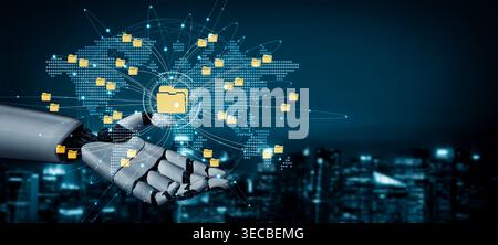 Robotic hand holding a digital network graphic symbolizing data management, technology, and connectivity in a futuristic environment Fluxor. Stock Photo
