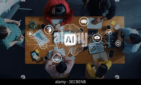 A diverse team engages in a collaborative meeting, discussing AI technology and analyzing data charts, showcasing the modern workspace with various de Stock Photo