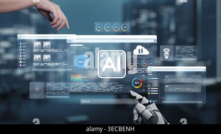 A modern digital workspace showcases advanced AI technology, featuring data analytics, interactive elements, and user-friendly interfaces, highlightin Stock Photo