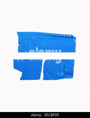Blue adhesive tape pieces presenting textured, torn edges and sticky surfaces, creating a background element, white background Stock Photo