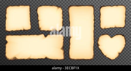 Burnt beige paper with fired edge, corner effect. Flame damaged vector page, old parchment round border with torn black ripped texture. Realistic ash Stock Vector
