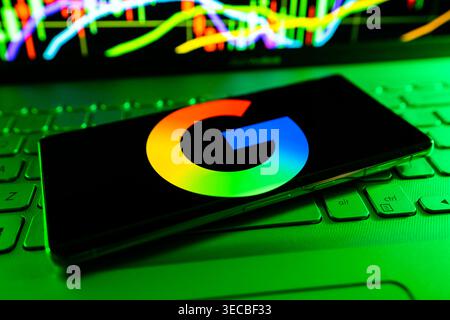 Google Alphabet Inc Company Logo Displayed On Digital Screen With Search Engine And Artificial Intelligence Technology Background Stock Photo