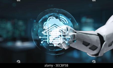 A robotic hand interacts with a 3D cloud interface, symbolizing advanced data connectivity and digital communication in a modern tech workspace. Synap Stock Photo
