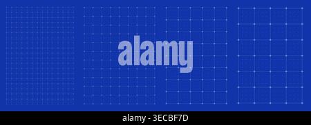 Blueprint grid set dot matrix cross geometry, four scale variations. Wide medium dense micro spacing comparison, engineering layouts dashboards pages interface planning systems technology graphics.  Stock Vector