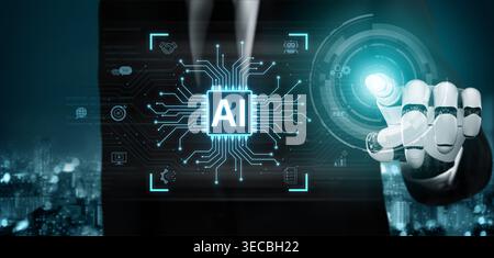 A generative AI assistant displays its integration platform. The system's core processor automates business processes like chatbot services and contra Stock Photo
