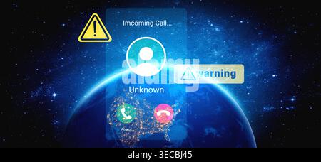 This digital illustration presents an incoming call alert from an unknown caller, set against a stunning cosmic background of Earth and city lights, e Stock Photo