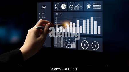A hand touching a digital dashboard displaying performance metrics and charts, illustrating modern business analytics and decision-making processes. I Stock Photo