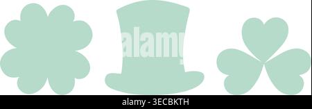 Clover Leaves and Leprechaun hat Minimal Icon Collection St Patrick Day Holiday Symbols. Flat design. Isolated Vector illustration Greetings Thematic Cards Invite Promo Banner, leaflet, media post tag Stock Vector