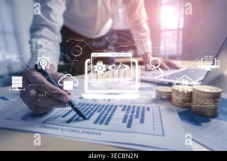 Modern web development concept featuring coding symbols, web development process, web development interface, and web development tools with futuristic Stock Photo