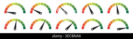 Speedometer icon set or Tachometer icon concept of dashboard, gauge, meter, speed, indicator, performance, dial, level, control, measurement Stock Vector