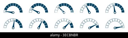 Speedometer icon set or Tachometer icon concept of dashboard, gauge, meter, speed, indicator, performance, dial, level, control, measurement Stock Vector