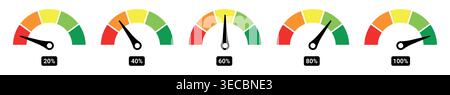 Speedometer icon set or Tachometer icon concept of dashboard, gauge, meter, speed, indicator, performance, dial, level, control, measurement Stock Vector