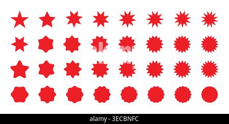 Collection of star shapes. Sunburst sticker shapes, Rounded starburst zigzag, circle shapes and star shapes offer price tag, discount, sale label Stock Vector
