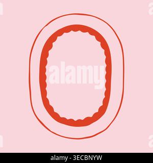 Hand drawn oval frame with wavy scalloped edges in red and pink colors. Minimalist vector doodle border for cute romantic photo or vintage invitation Stock Vector