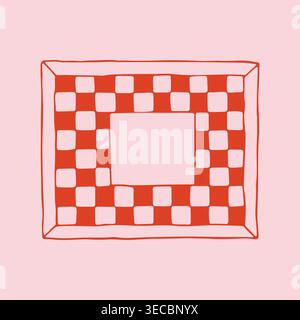 Hand drawn rectangular frame featuring red and pink checkered pattern ornament. Minimalist vector doodle border for picnic theme projects or kitchen Stock Vector