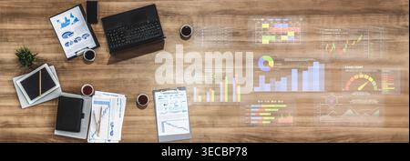Modern Office Workspace with Laptop, Analytics Charts, Financial Reports, and Coffee on Wooden Table Displaying Data Visualization in Business Environ Stock Photo