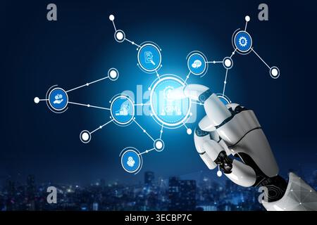 A robotic hand elegantly interacts with a glowing CRM system icon, representing advanced technology in business management and customer relations with Stock Photo