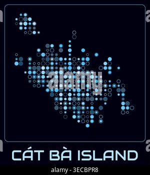 Cat Ba Island digital style map. Large circle dots on dark background. Dotted shape of the island. Vector map and title. Amazing vector illustration. Stock Vector