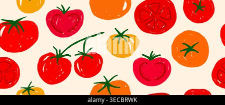Seamless hand drawn tomato pattern. Red doodled tomatoes background. Repeated organic healthy food wallpaper for restaurant, cooking recipe, menu decor. Vector repeating fresh farm vegetable backdrop Stock Vector