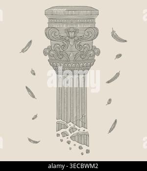 Column with floral ornament and feathers, Vintage engraving drawing style illustration Stock Vector
