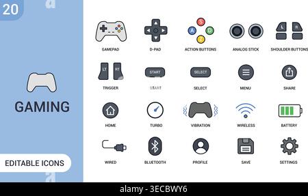 Gaming Icon Set. Gamepad Controller, Buttons, UI Controls, Wireless and Console Editable Vector Icons Collection Stock Vector