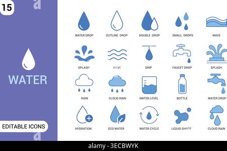 Water Icon Set. Drop, Rain, Wave, Hydration, Liquid and Eco Water Editable Vector Icons Collection Stock Vector