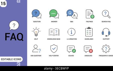 FAQ Icon Set. Question Answer, Help Center, Support, Knowledge Base and Customer Service Editable Line Icons Stock Vector