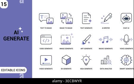 AI Generate Icon Set. Artificial Intelligence Content Creation, Text, Image, Audio and Media Editable Line Icons Stock Vector