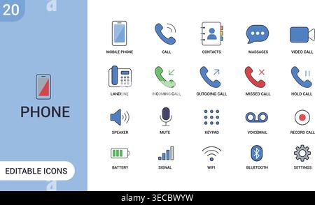 Phone Icon Set. Mobile Communication, Call, Contacts, Messaging, Signal and Connectivity Editable Vector Icons Stock Vector