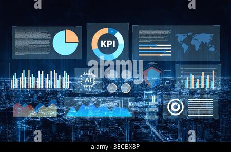 This image showcases a futuristic data visualization interface featuring key performance indicators and analytics charts set against a captivating cit Stock Photo