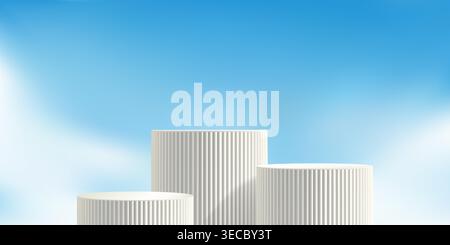 Podium on sky blue bg, heaven studio platform. Beauty product box, cosmetic aesthetic 3d. White cube on soft cloud. Skincare hygiene, perfume Stock Vector