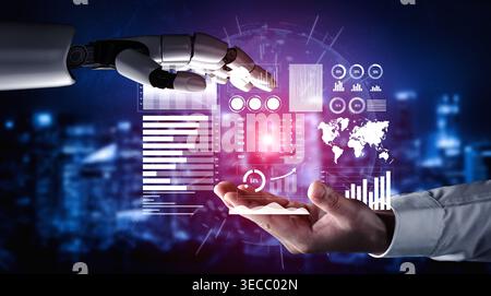 This image showcases a human hand reaching out to connect with a robotic arm amidst a digital landscape filled with data visualizations and analytics. Stock Photo
