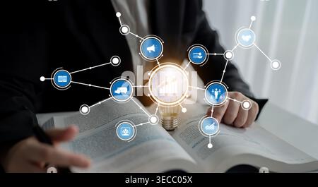 A visual representation of business analytics featuring digital icons connected by a network. The image emphasizes the importance of data insights in Stock Photo