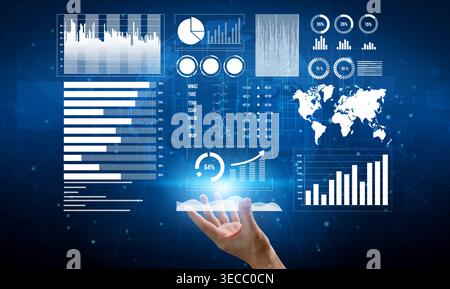 This image showcases a futuristic data visualization interface featuring various charts, graphs, and global analytics elements, highlighting the impor Stock Photo