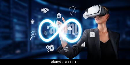 Explore a cutting-edge concept of digital finance showcasing a professional using virtual reality technology, symbolizing infinite possibilities in mo Stock Photo