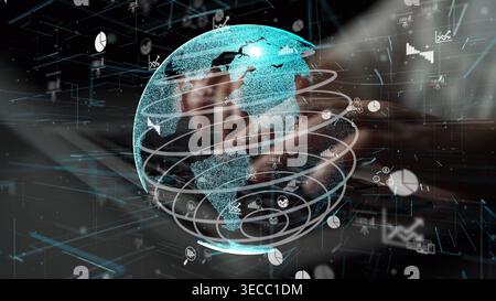 A captivating digital globe with data and graph icons, symbolizing global connectivity and analytics in today technology-driven environment. Perfect f Stock Photo
