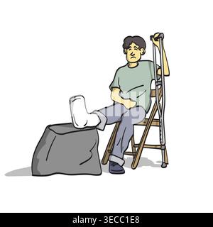 man with a foot splint sitting on chiar holding a crutch illustration vector isolated on white background Stock Vector