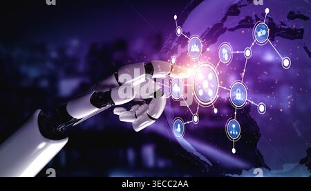 A close-up view of a robotic hand reaching towards a digital globe, illustrating modern technology, connectivity, and innovative communication within Stock Photo